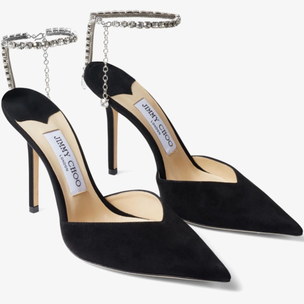 Jimmy Choo Saeda 100 Black Crystal Pumps Heels Sandals IT 38.5 US8.5